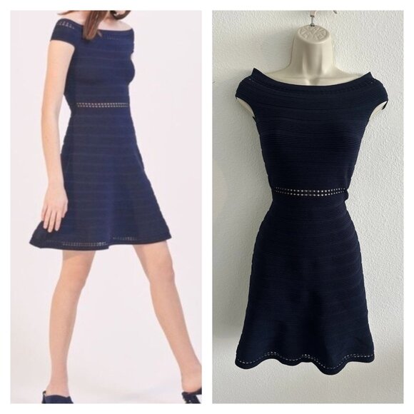 Sandro Sz‎ S US 4 Navy Masha Dress Off Shoulder Ribbed Knit Crocheted Cocktail - Picture 1 of 14